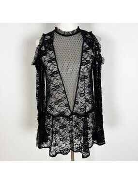 Y2K Women's Black Floral Sheer Lace Top Long Sleeve Cold Shoulder Size 10